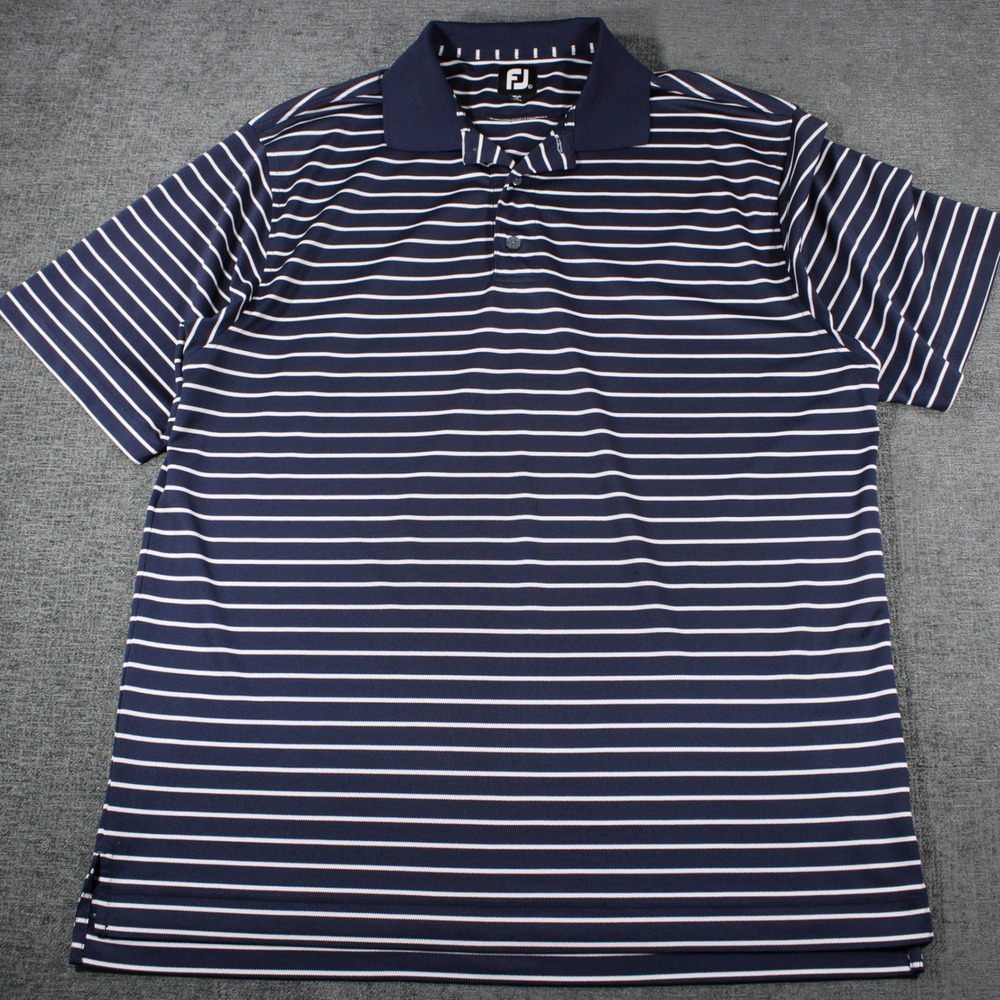 FootJoy Mens ProDry Striped Golf Polo Shirt Navy Blue White Large FJ Logo